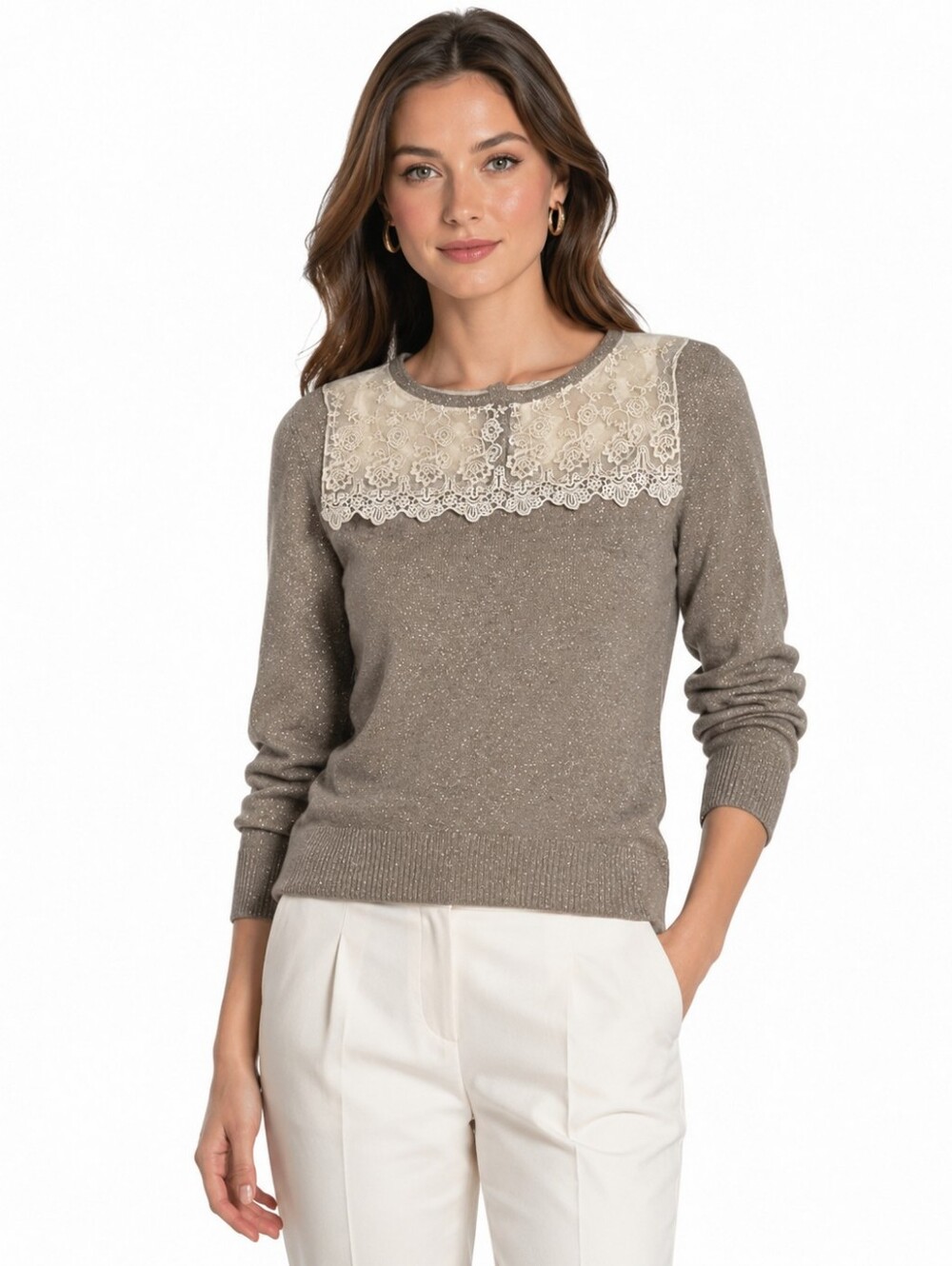 Attique Boutique Lace Yoke Pullover Metallic Knit Top Gold Small
